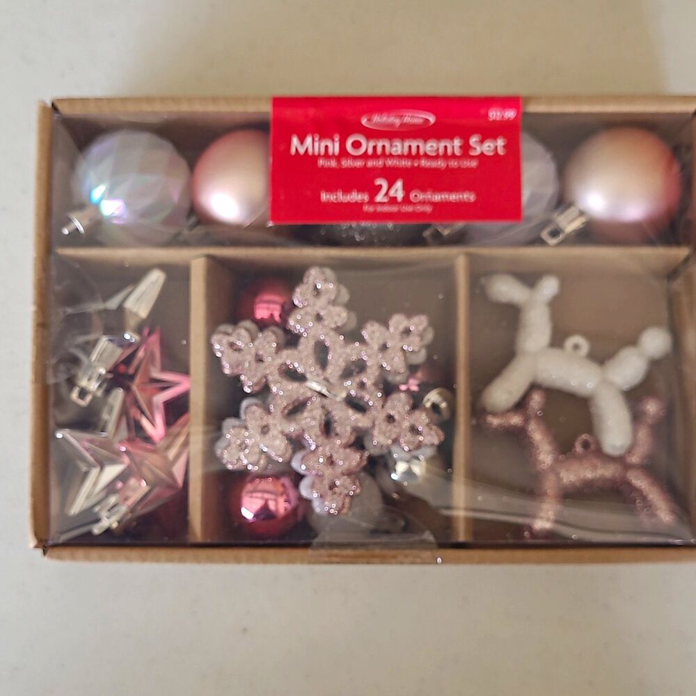 Holiday Home Mini Hanging Christmas Ornament Set Pink Silver White 24pc